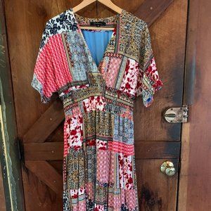 Patchwork Print Short-Sleeve Midi Dress